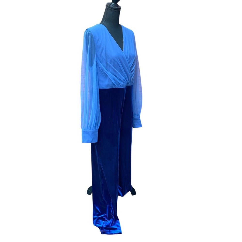 NWT Fehaute Royal Blue Mesh V Neck Long Sleeve Velvet Jumpsuit 10 - Picture 2 of 14